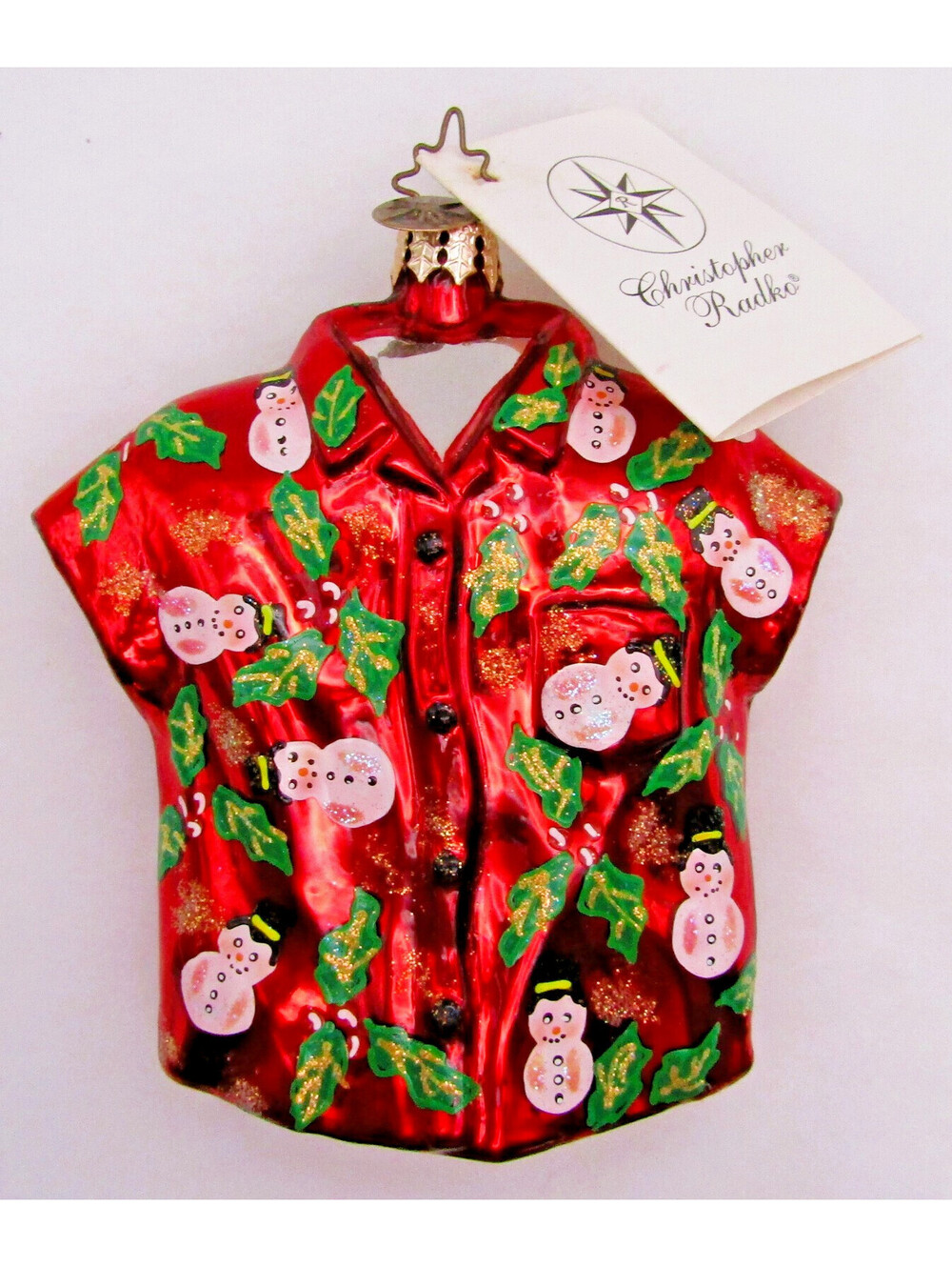 Christopher Radko 2002 Red Snowy Aloha Shirt Ornament with Tag and Box 3010536